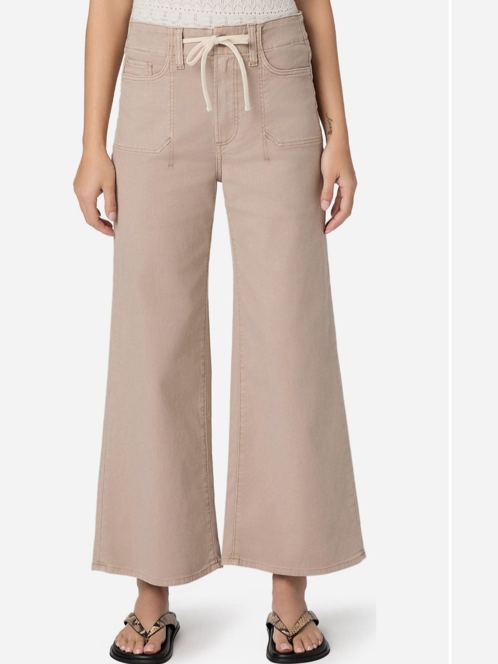Paige High Waist Wide-Leg Drawstring Jeans in Taupe